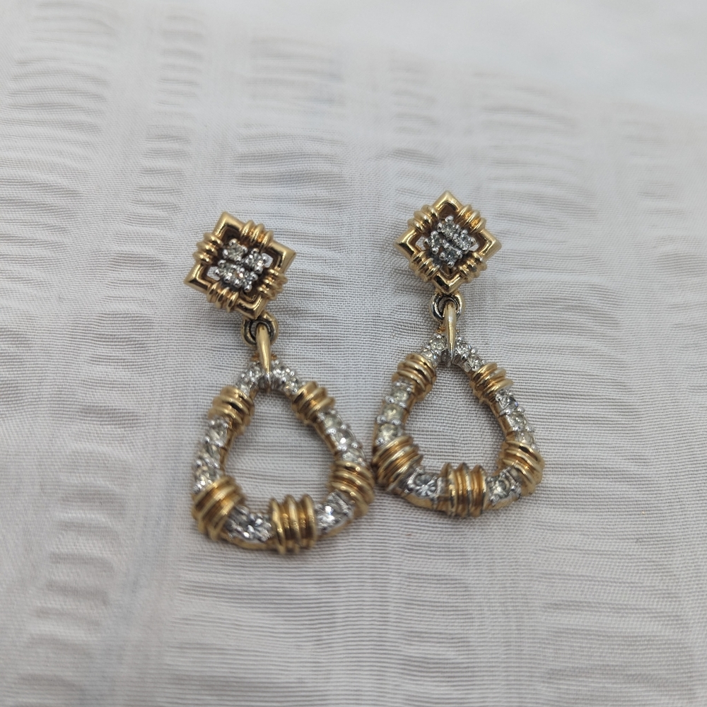 Panetta Drop Earrings Clip on Gold Tone Crystal Vintage